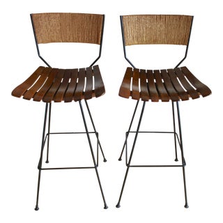 Vintage Mid Century Arthur Umanoff Jute Rope Rush Wrought Iron Swivel Stool- A Pair For Sale