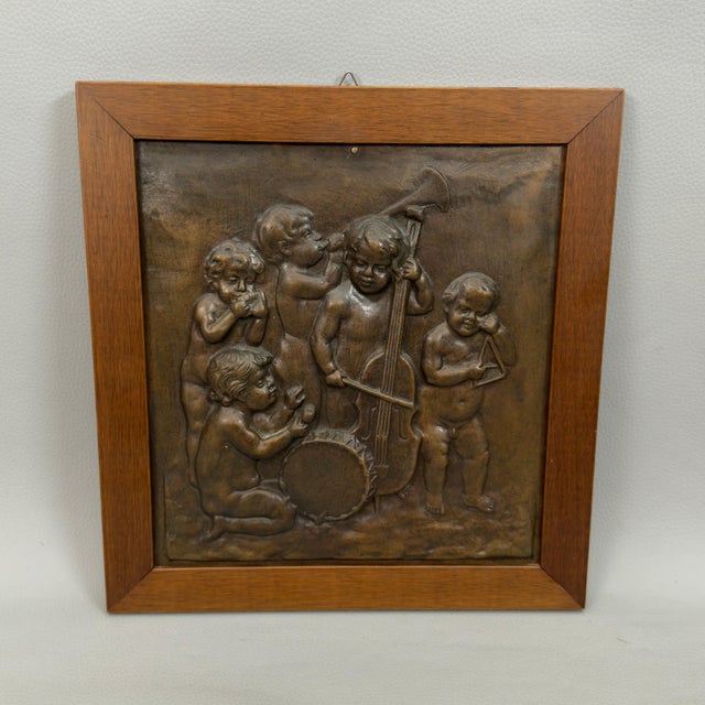 High Relief Bronze Panel with Cherub Musicians in Wooden Frame, 20th Century For Sale - Image 6 of 11