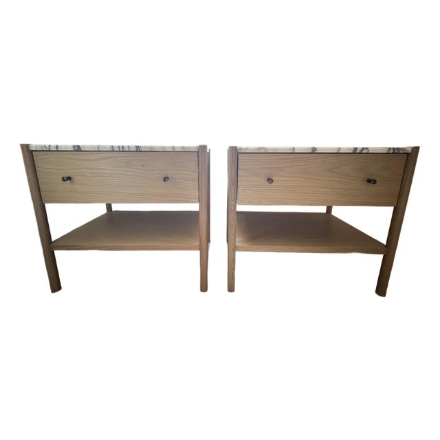 Nightstands - Lulu & Georgia Pair of Philana White Oak and Marble Nightstands For Sale