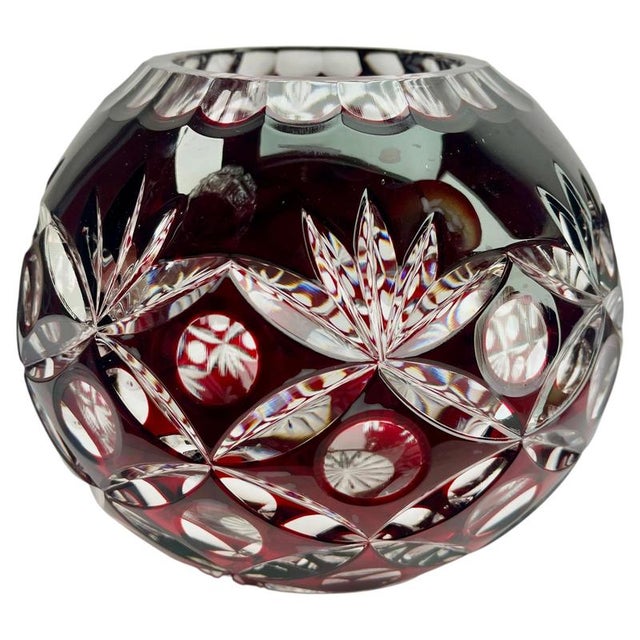 Boho Chic Bohemian Globe Vase in Ruby-Red Cut-to-Clear Collard Crystal with Geometric Decoration, 1950 For Sale - Image 3 of 7