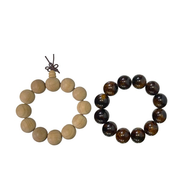 2 Light Brown Wood / Amber Resin Beads Hand Rosary Praying Bracelet For Sale - Image 4 of 5
