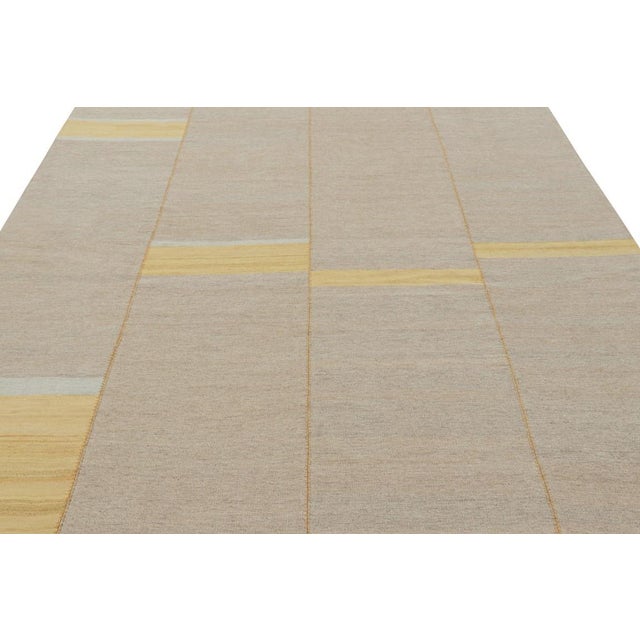 Rug & Kilim Rug & Kilim’s Contemporary Kilim, Taupe With Textural Gold Stripes, Blue Accents For Sale - Image 4 of 7