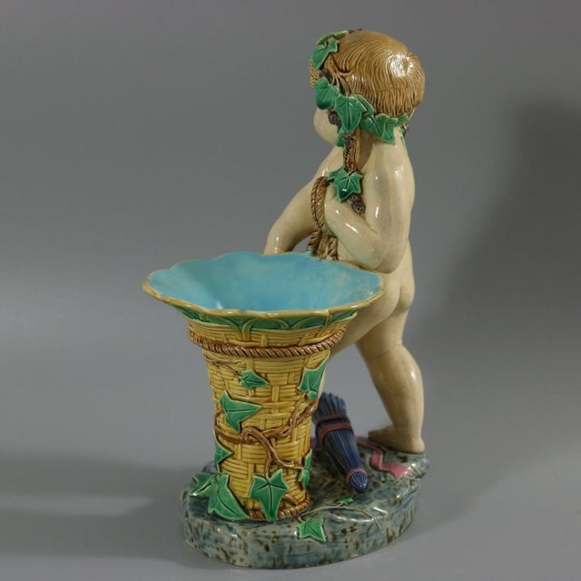 Minton Majolica Putti With Basket Vase For Sale - Image 4 of 14