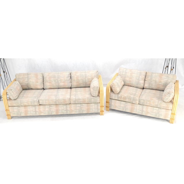 Pair Bent Bamboo Frames Linen Like Upholstery Mid Century Modern Sofa Loveseat For Sale - Image 6 of 13