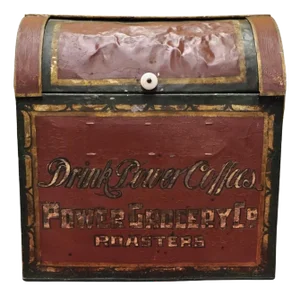 Late 19th Century Antique Power Coffee Tin Rolltop Red Tea Hopper General Store Spice Bin Display