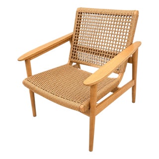 Mid Century Style Natural Oak and Rope Lounge Chair For Sale