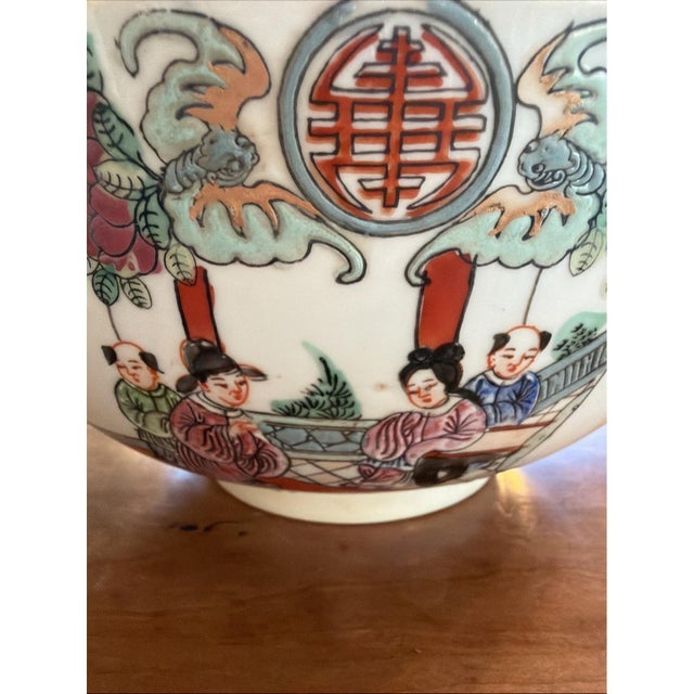 Ceramic Vintage Chinese Famille Rose Porcelain Serving Bowl w/ Figures & Shou Symbol 10" For Sale - Image 7 of 12