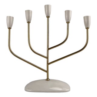 Mid-Century Candlestick Five-Flame in Brass and Porcelain by Helmut Krüger, Berlin, 1950s For Sale