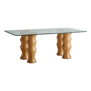 Italian Sculptural Wood Base Dining Table with Glass Top, 1970s For Sale