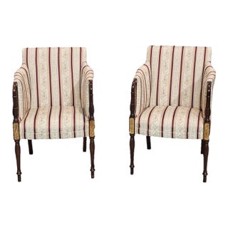 Late 20th Century Pair of Southwood Sheraton Tub Arm Chair Mahogany Frame Burl Maple Inlays Silk Fabric For Sale