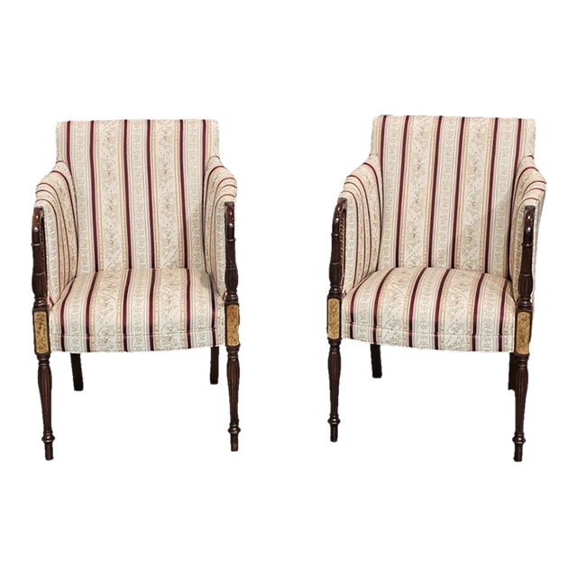 Late 20th Century Pair of Southwood Sheraton Tub Arm Chair Mahogany Frame Burl Maple Inlays Silk Fabric For Sale