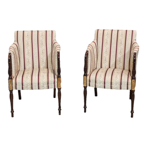 Late 20th Century Pair of Southwood Sheraton Tub Arm Chair Mahogany Frame Burl Maple Inlays Silk Fabric