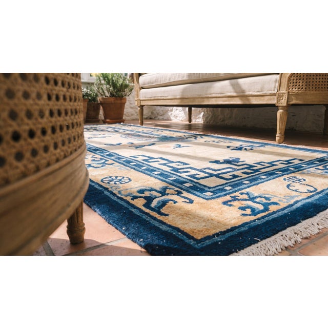Beige 1880s Beige Medallion Antique Chinese Ningxia Rug 6' 0" X 8' 6" Handknotted Wool Carpet For Sale - Image 8 of 8