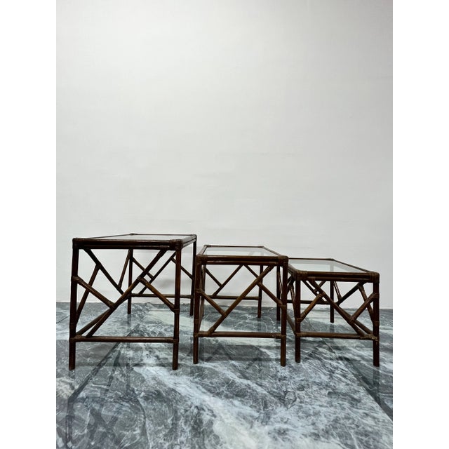 Mid-Century Rattan and Glass Top Nesting Tables - Set of Three For Sale In Miami - Image 6 of 12