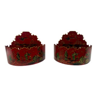 Pair of Chinese Export Style Painted Tole Wall Pockets, Italian Mid Century For Sale