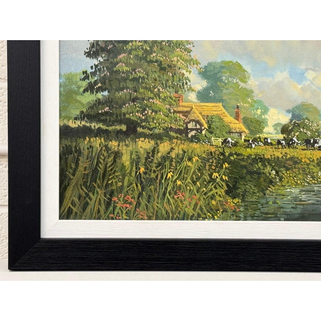 English Countryside Oil Painting with Thatched Cottage, River & Cows Grazing 1985 Circa For Sale - Image 14 of 15