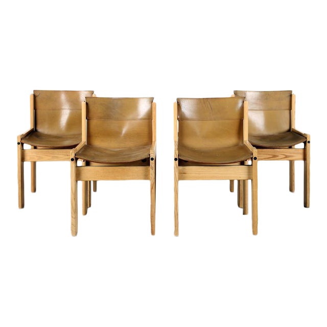 Tobia Scarpa Style Oak And Leather Chairs Set Of 4 Chairish
