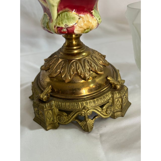 Late 19th Century Art Nouveau Ceramic & Brass Oil Lamp (With Matching Candle Chandelier) For Sale In Houston - Image 6 of 17