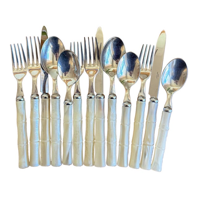 Vintage Italian Faux Mother of Pearl Bamboo Flatware For Sale
