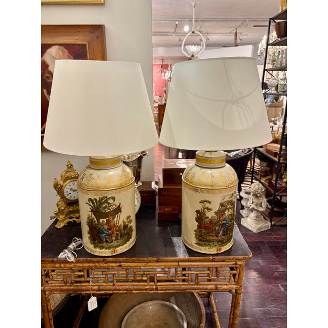 Pair of Large English Tole Tea Canister Lamps With Chinoiserie Decoration - 19th Century For Sale - Image 11 of 12