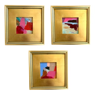 Curated Set of 3 Framed Mini Paintings in Pink, Blue and Red For Sale