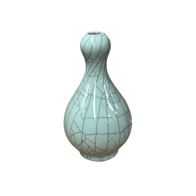 Abstract Crackle Pattern Aqua Blue Flare Slender Neck Ceramic Vase For Sale - Image 3 of 7