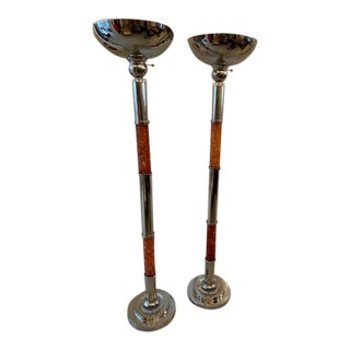 Pair of 1990s Deco Lucite and Nickel Torchiere Floor Lamps For Sale