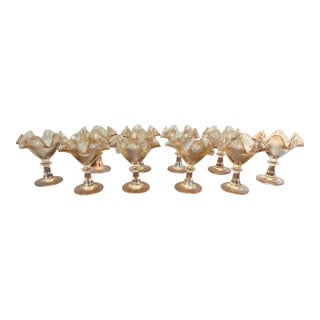 11 Vintage 1960s French Marigold Amber Glass Footed Ice Cream Pedestal Bowls For Sale