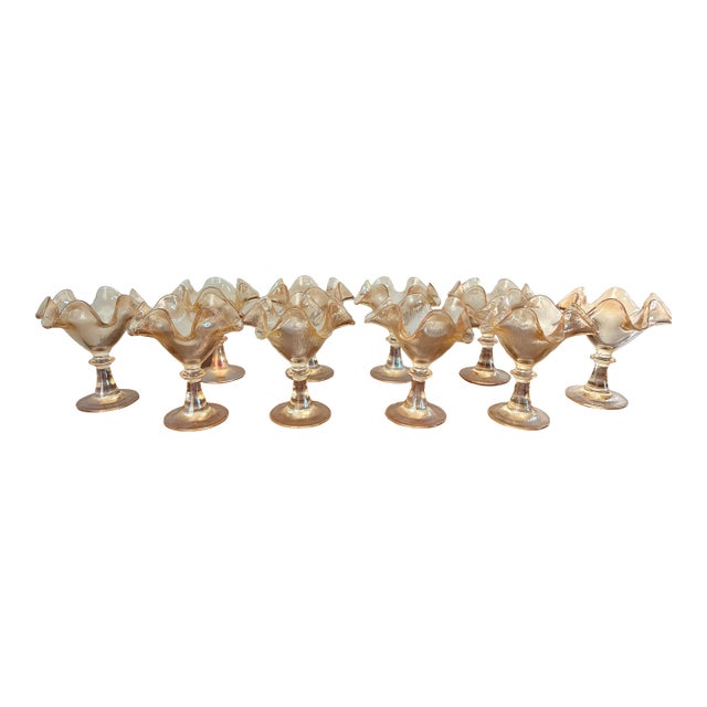 11 Vintage 1960s French Marigold Amber Glass Footed Ice Cream Pedestal Bowls For Sale