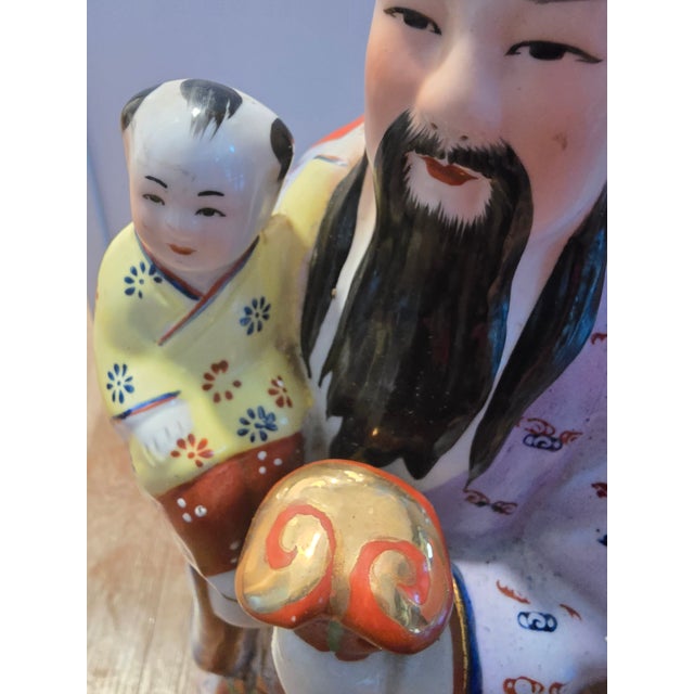 15" Hand-Painted Chinese Immortal Figurine Statue With Child (Longevity Deity) For Sale - Image 4 of 10