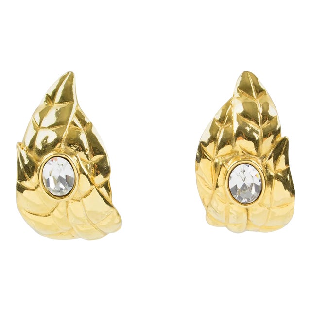 Ines de la Fressange Paris Jeweled Clip Earrings Gilt Metal Carved Leaf - 2 Pieces For Sale