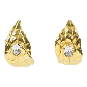 Ines de la Fressange Paris Jeweled Clip Earrings Gilt Metal Carved Leaf - 2 Pieces