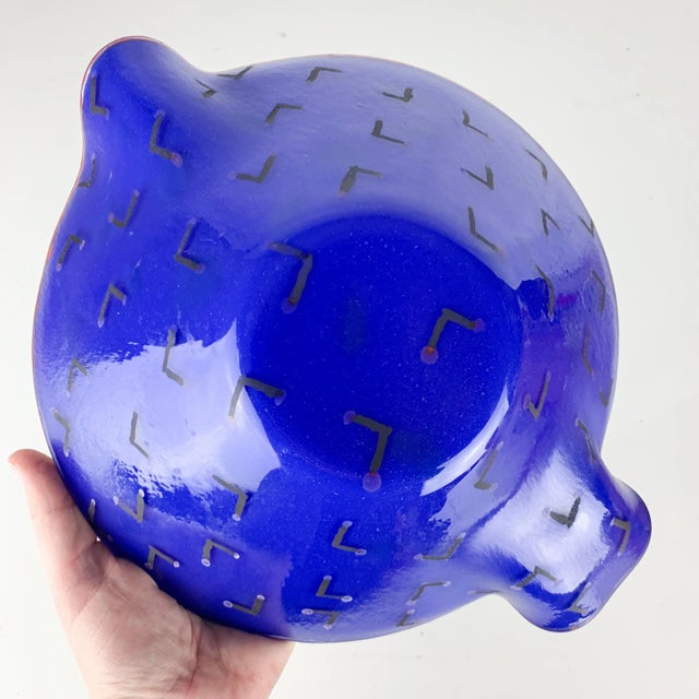 Vintage Mid-Century Modern Handmade Art Glass Bright Blue Red Black Batter Bowl For Sale - Image 9 of 10