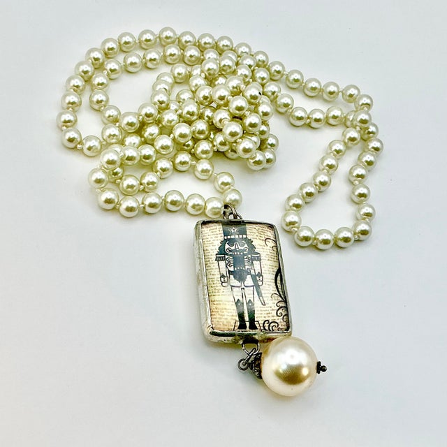 Chanel 1990s Vintage Chippendale Art Deco Nutcracker Babble on Faux Pearls Christmas Pendant Necklace, 40” For Sale - Image 4 of 17