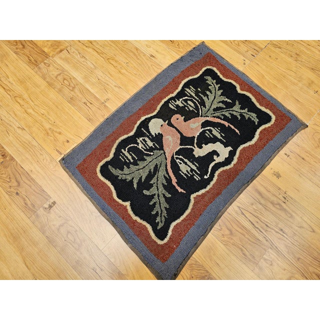 Black Vintage American Hand Hooked Rug, Folk Art, Two Lovebirds in a Tree Design, 2x3 For Sale - Image 8 of 17