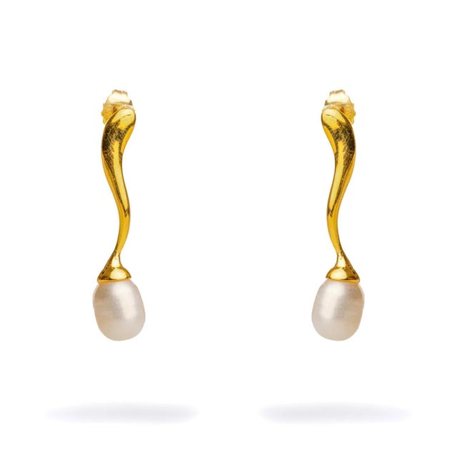 Metal Wave Gold Vermeil Pearl Drop Statement Earrings, A Pair For Sale - Image 7 of 7