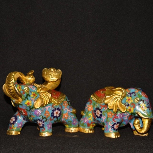 Vintage Cloisonne Enamel Elephant Pair – 6.7" Gilt Figures With Floral Motif For Sale - Image 4 of 9