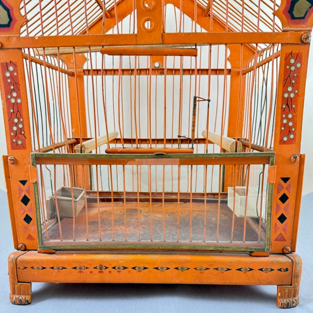 Orange Japanned Metal Bird Cage, Hand-Painted, Circa 1900-1920 For Sale - Image 10 of 18