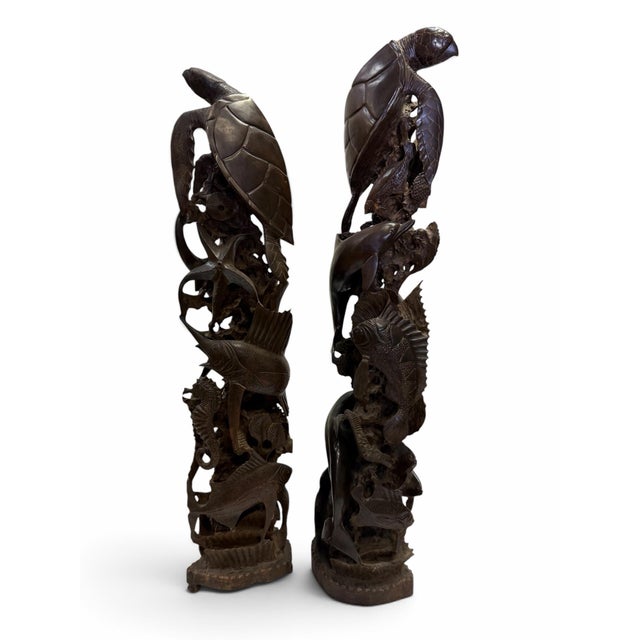 Wood Mid 20th Century Pair of Monumental Mid-Century Guayacan Wood Sea Life Totem Sculptures - 35.5" & 38" For Sale - Image 7 of 11