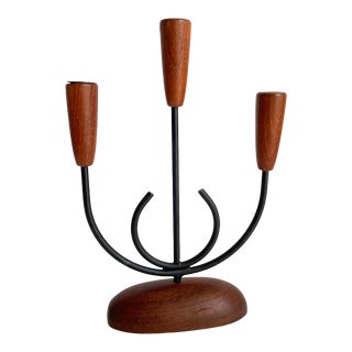Mid Century Danish Modern 1960s Luthje Teak Candelabra Candlestick Holder For Sale
