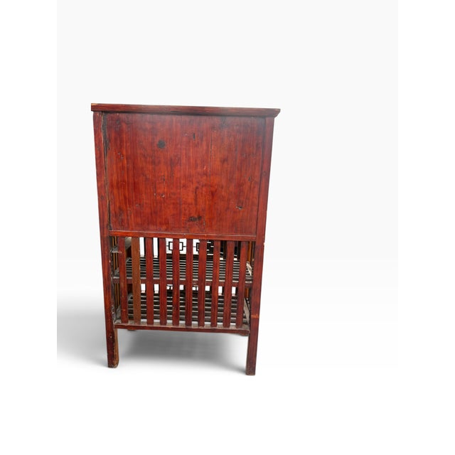 Wood Vintage Chinese Carved Wood Food Cabinet With Figural Panels & Geometric Latticework For Sale - Image 7 of 14