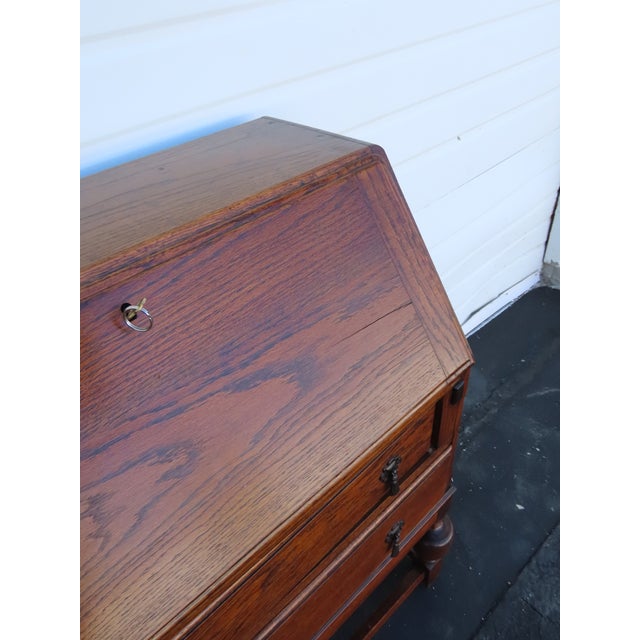 Early 20th Century Early 1900s Solid Oak Leather Top Secretary Desk 6630 For Sale - Image 5 of 17