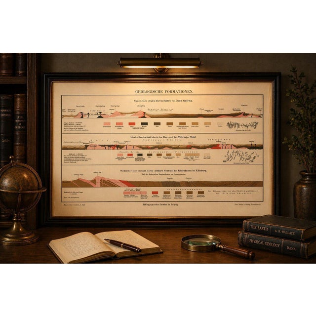 Antique Geological Cross-Section Chart “Geologische Formationen”, Meyers c.1900 A highly informative and visually refined...