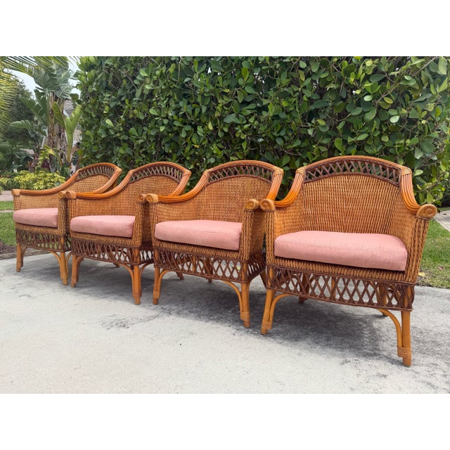 Palecek Vintage Palecek Wicker Dining Armchairs With Cushions – Set of 4 For Sale - Image 4 of 18