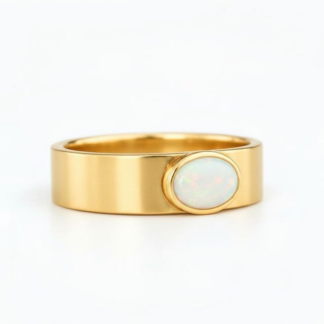 Bezel Set Oval Opal Wide Matte Band ring silver, gold. Oval Solitaire Ring. Minimalist Luxury Pinky Ring. Vintage Style...