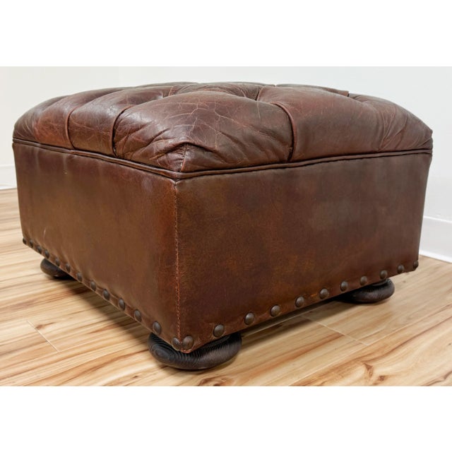 Vintage Restoration Hardware Tufted Leather Ottoman For Sale - Image 11 of 13
