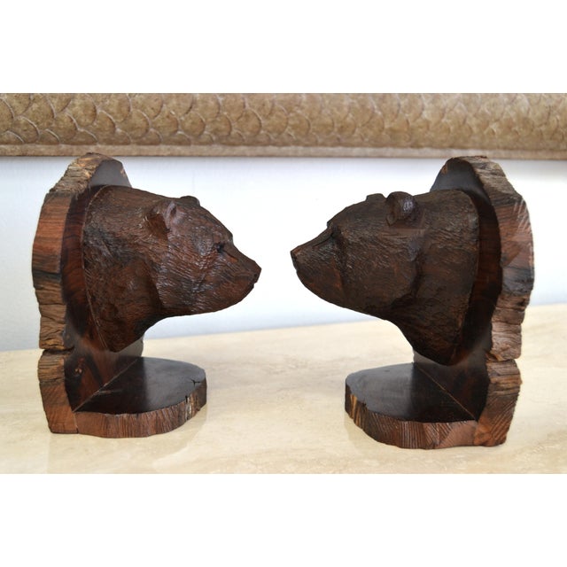 Vintage Pair of Hand Carved Grizzly Bear Solid Wood Bookends Rustic Edwardian For Sale In Miami - Image 6 of 10