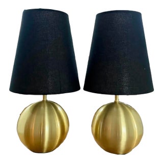 Kate Spade Don’t Burst My Bubble Brushed Gold Sphere Lamps With Black Shades, a Pair For Sale