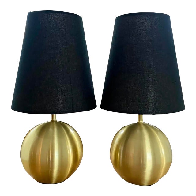 Kate Spade Don’t Burst My Bubble Brushed Gold Sphere Lamps With Black Shades, a Pair For Sale