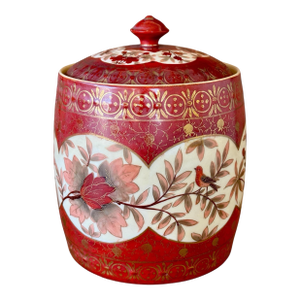 Vintage Japanese Kutani-Style Red and Gold Covered Jar With Floral and Bird Motif